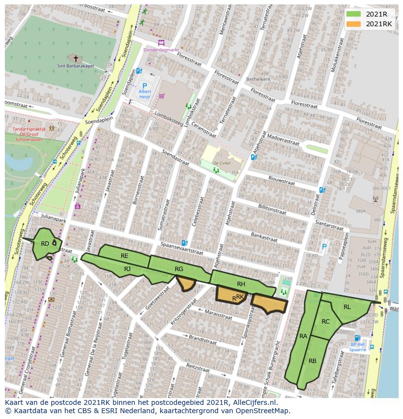 Afbeelding van het postcodegebied 2021 RK op de kaart.