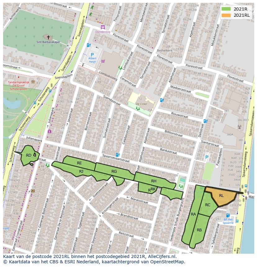 Afbeelding van het postcodegebied 2021 RL op de kaart.