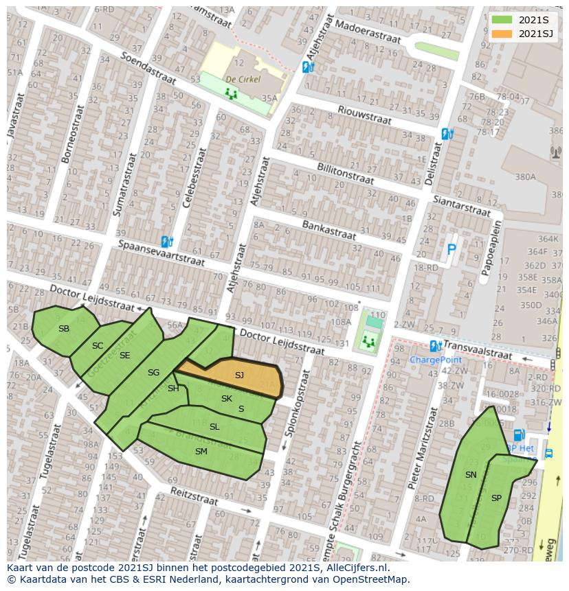 Afbeelding van het postcodegebied 2021 SJ op de kaart.