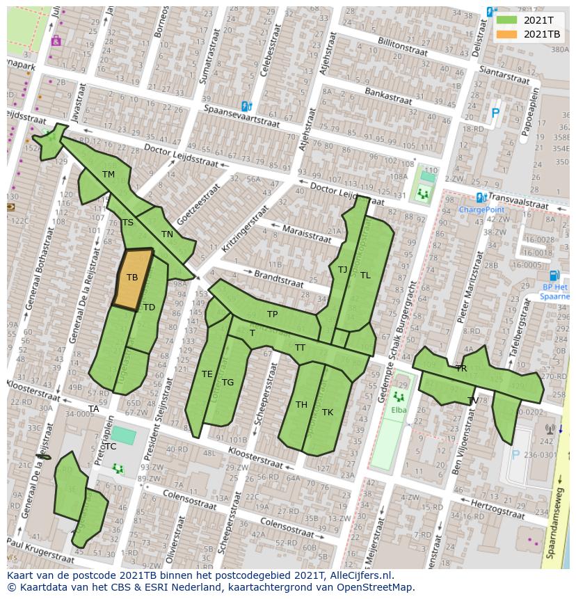 Afbeelding van het postcodegebied 2021 TB op de kaart.
