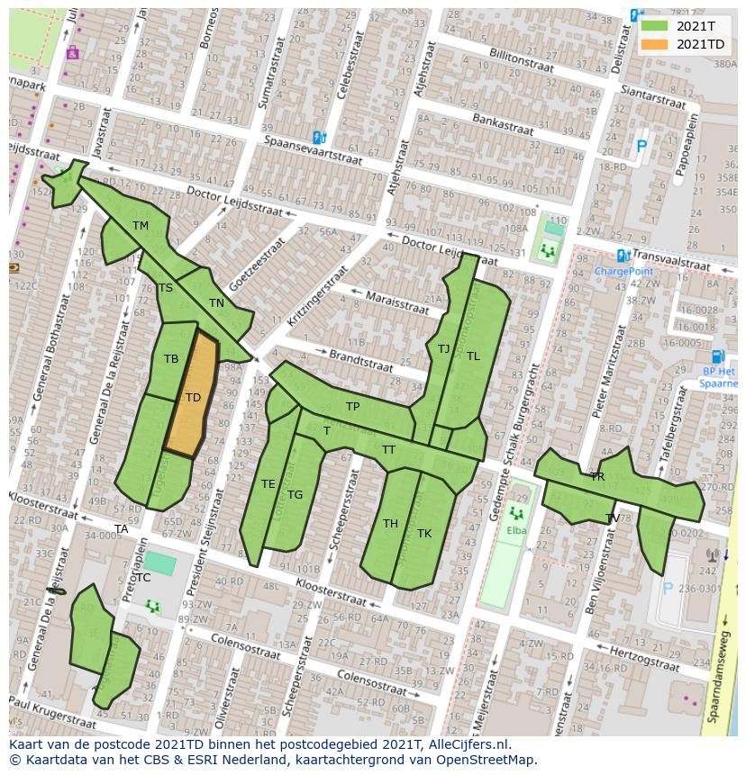 Afbeelding van het postcodegebied 2021 TD op de kaart.