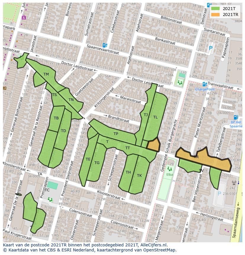 Afbeelding van het postcodegebied 2021 TR op de kaart.