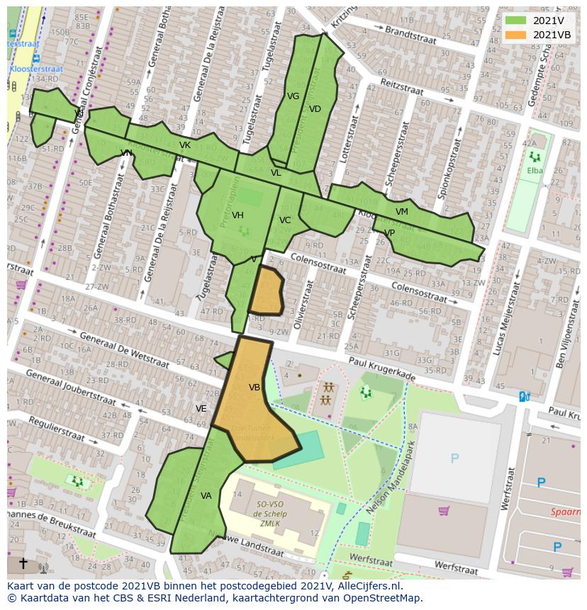 Afbeelding van het postcodegebied 2021 VB op de kaart.