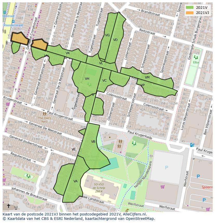 Afbeelding van het postcodegebied 2021 VJ op de kaart.