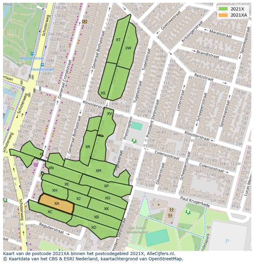 Afbeelding van het postcodegebied 2021 XA op de kaart.