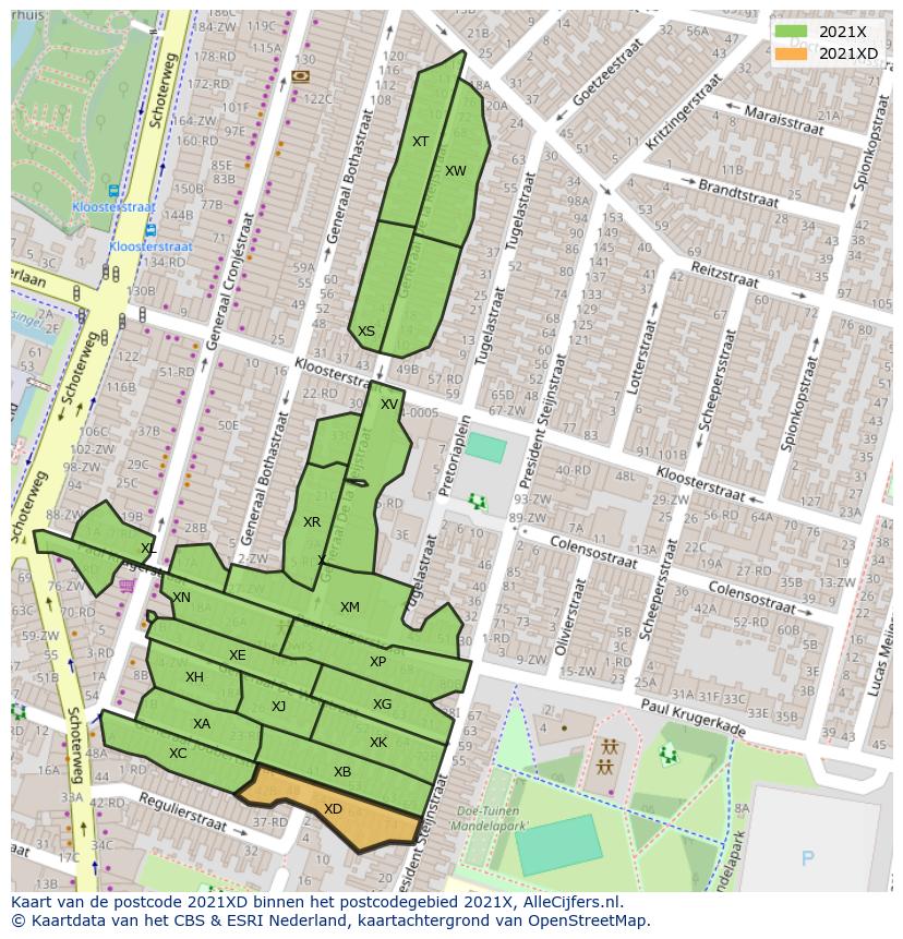 Afbeelding van het postcodegebied 2021 XD op de kaart.