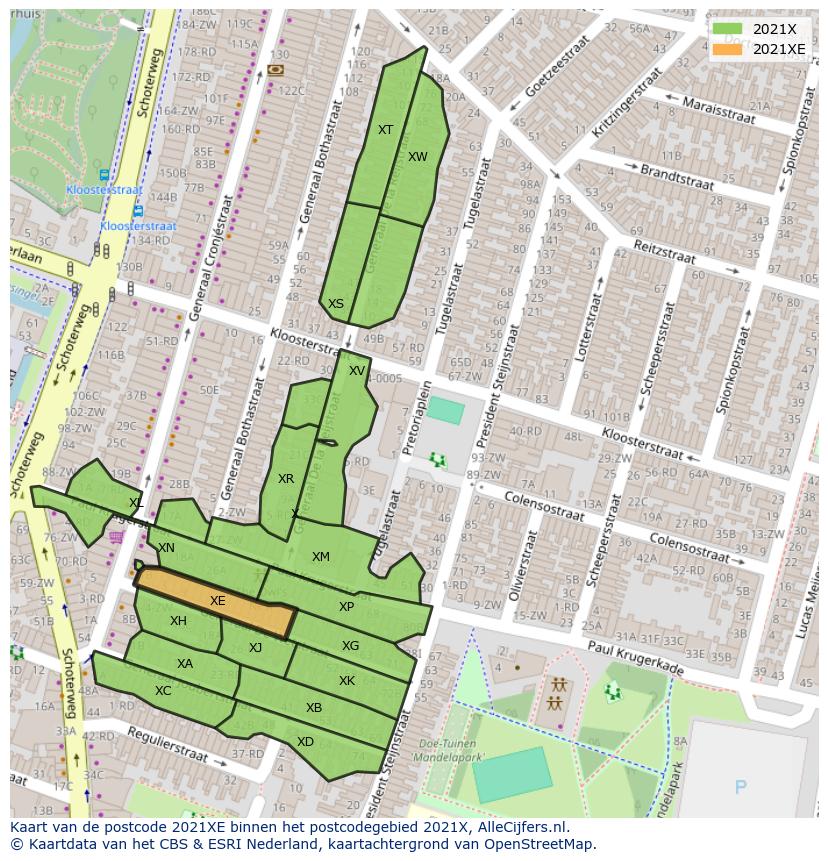 Afbeelding van het postcodegebied 2021 XE op de kaart.
