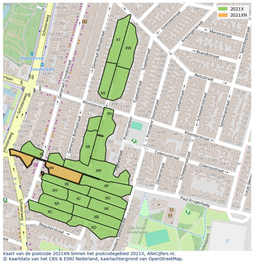 Afbeelding van het postcodegebied 2021 XN op de kaart.