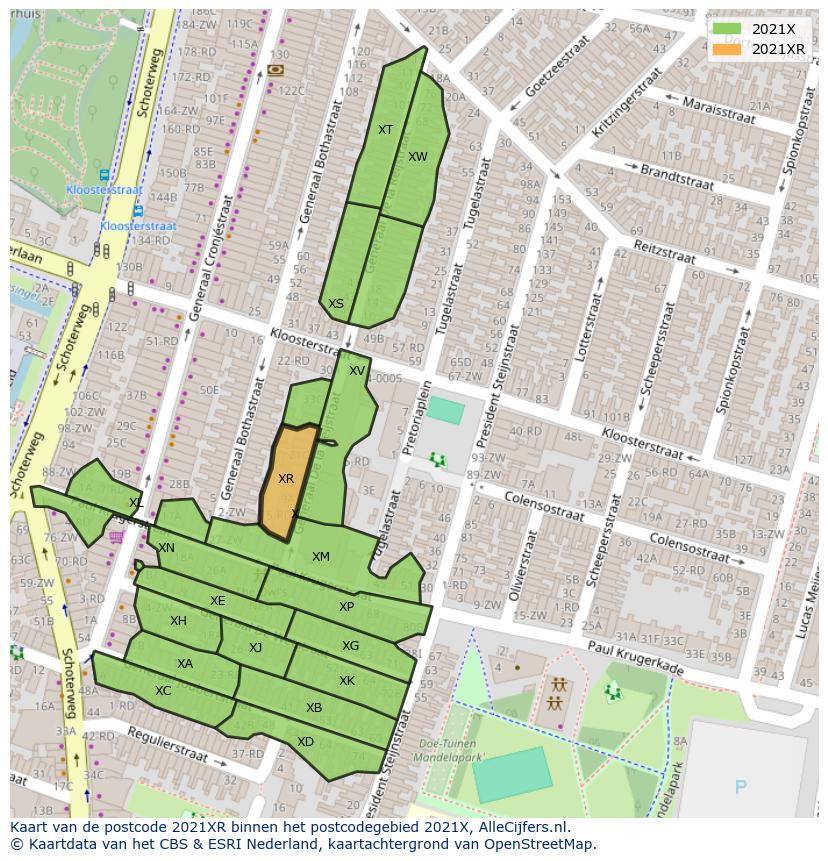 Afbeelding van het postcodegebied 2021 XR op de kaart.