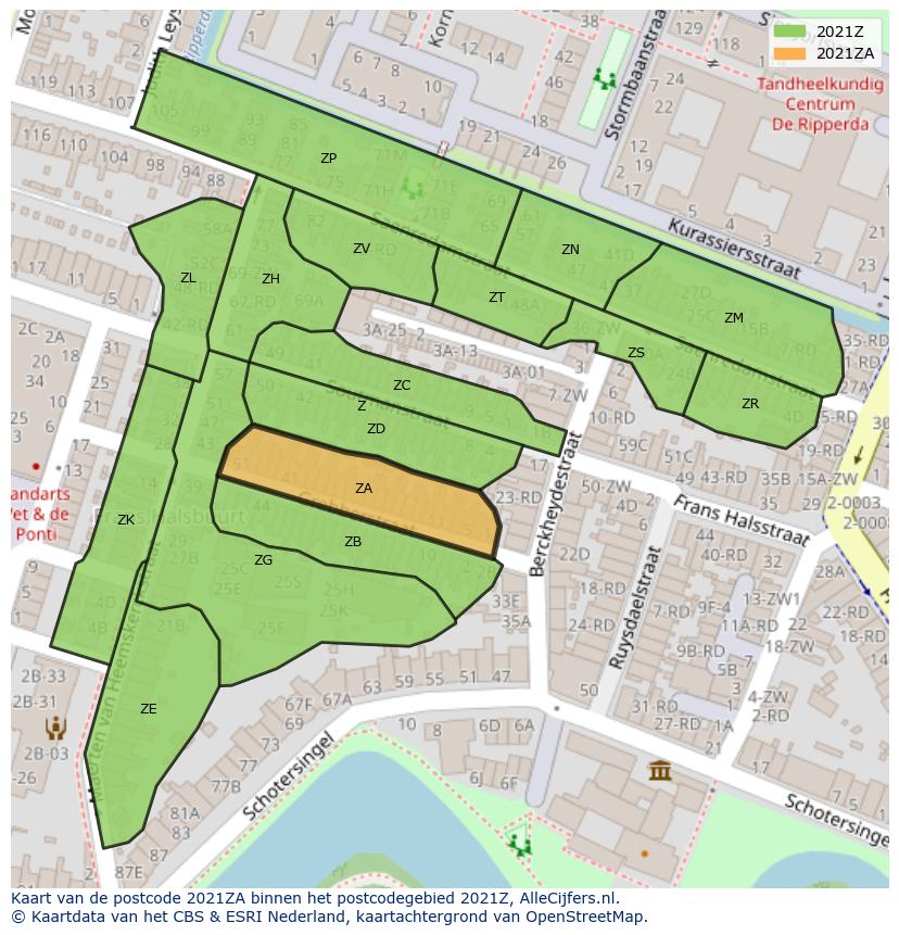 Afbeelding van het postcodegebied 2021 ZA op de kaart.