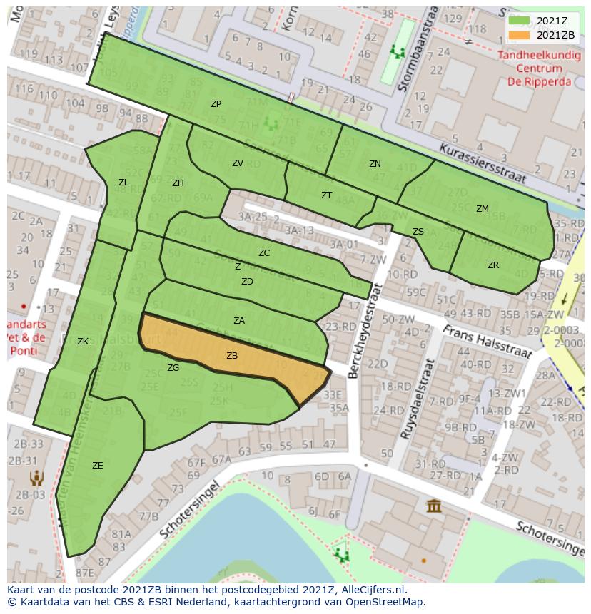 Afbeelding van het postcodegebied 2021 ZB op de kaart.
