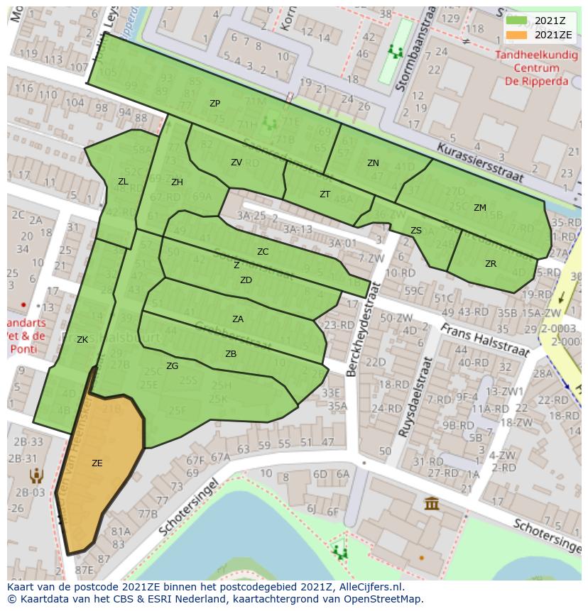 Afbeelding van het postcodegebied 2021 ZE op de kaart.