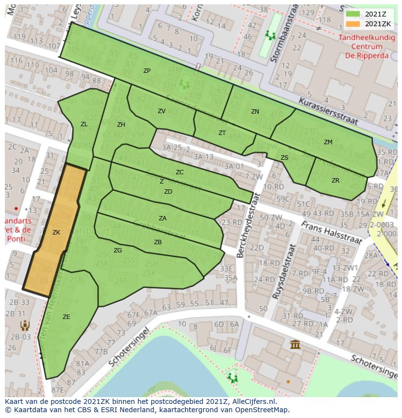 Afbeelding van het postcodegebied 2021 ZK op de kaart.