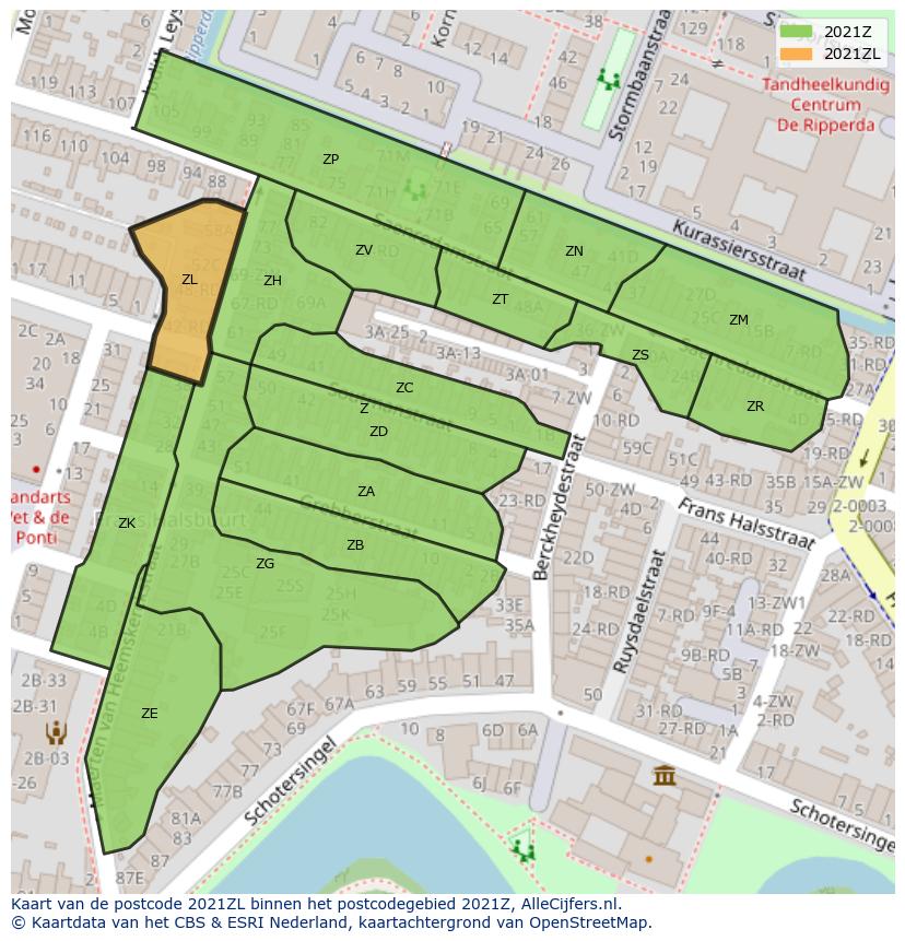 Afbeelding van het postcodegebied 2021 ZL op de kaart.