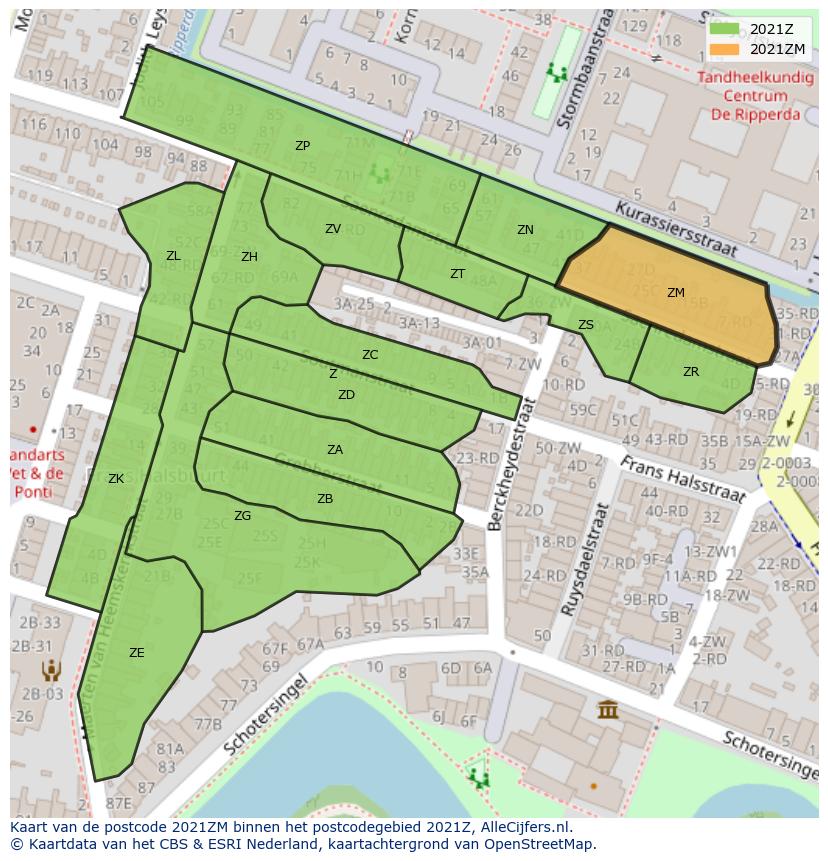 Afbeelding van het postcodegebied 2021 ZM op de kaart.