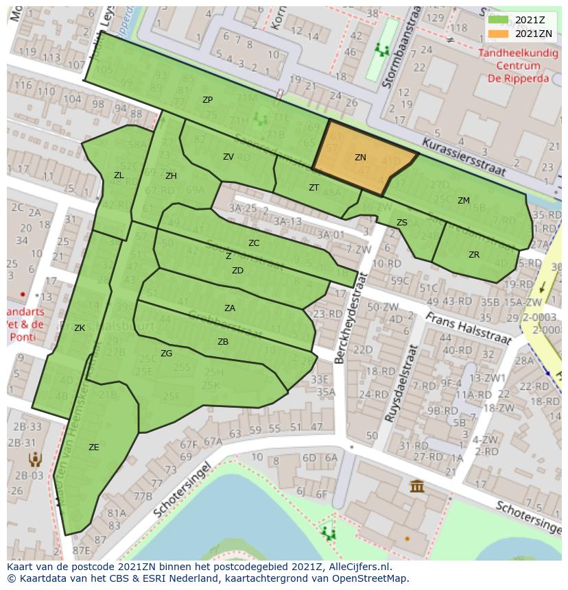 Afbeelding van het postcodegebied 2021 ZN op de kaart.