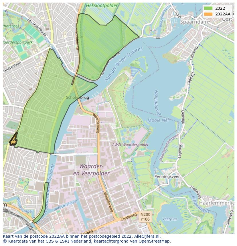Afbeelding van het postcodegebied 2022 AA op de kaart.