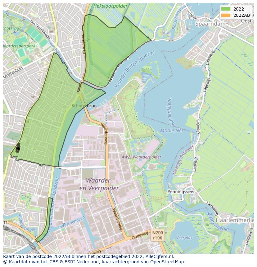 Afbeelding van het postcodegebied 2022 AB op de kaart.