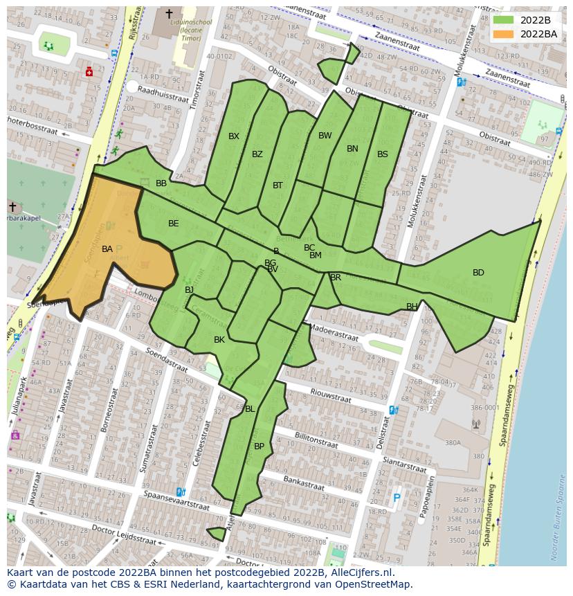 Afbeelding van het postcodegebied 2022 BA op de kaart.