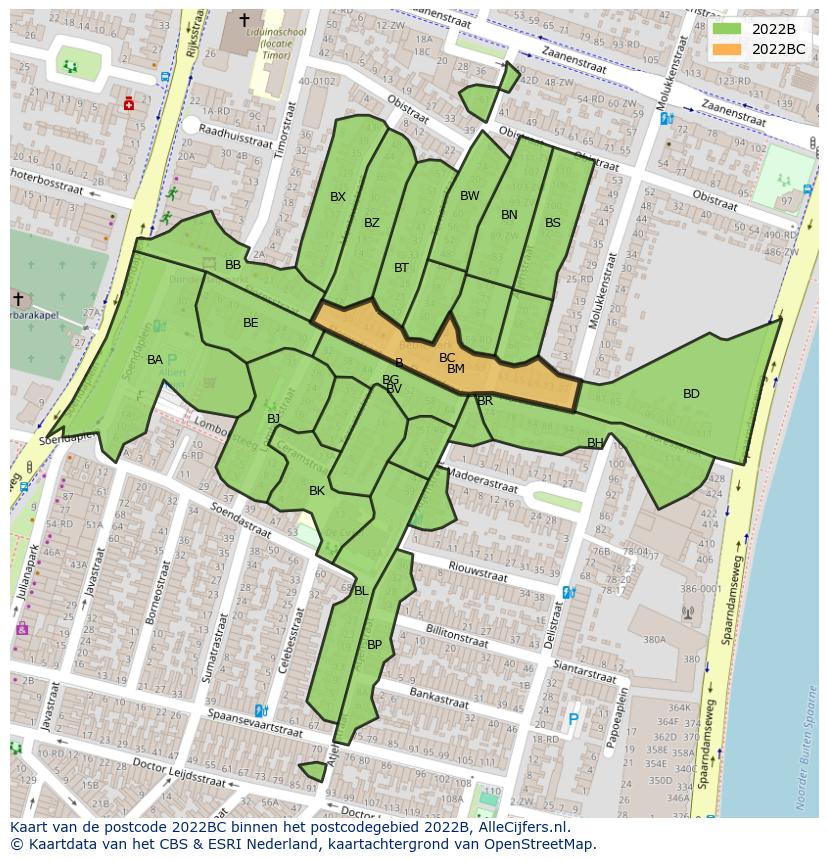 Afbeelding van het postcodegebied 2022 BC op de kaart.
