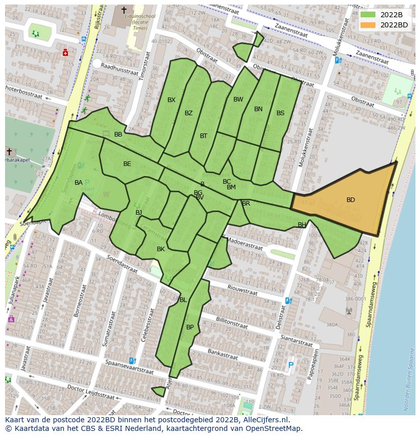 Afbeelding van het postcodegebied 2022 BD op de kaart.