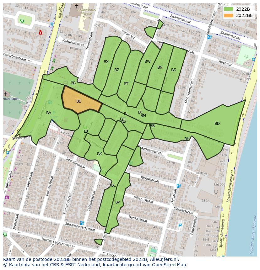 Afbeelding van het postcodegebied 2022 BE op de kaart.