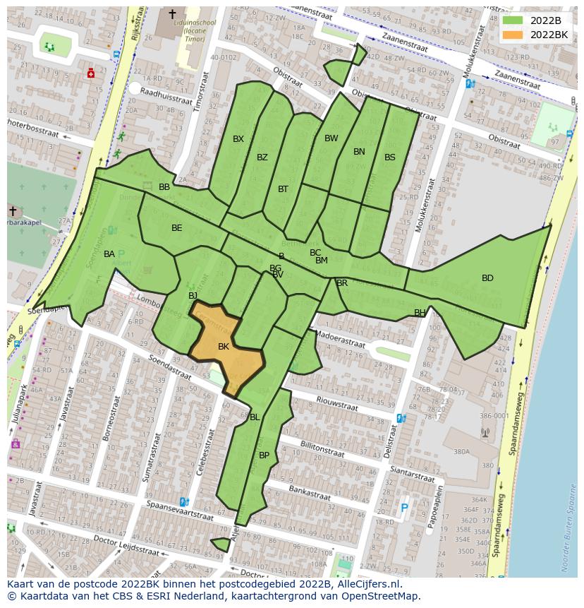 Afbeelding van het postcodegebied 2022 BK op de kaart.