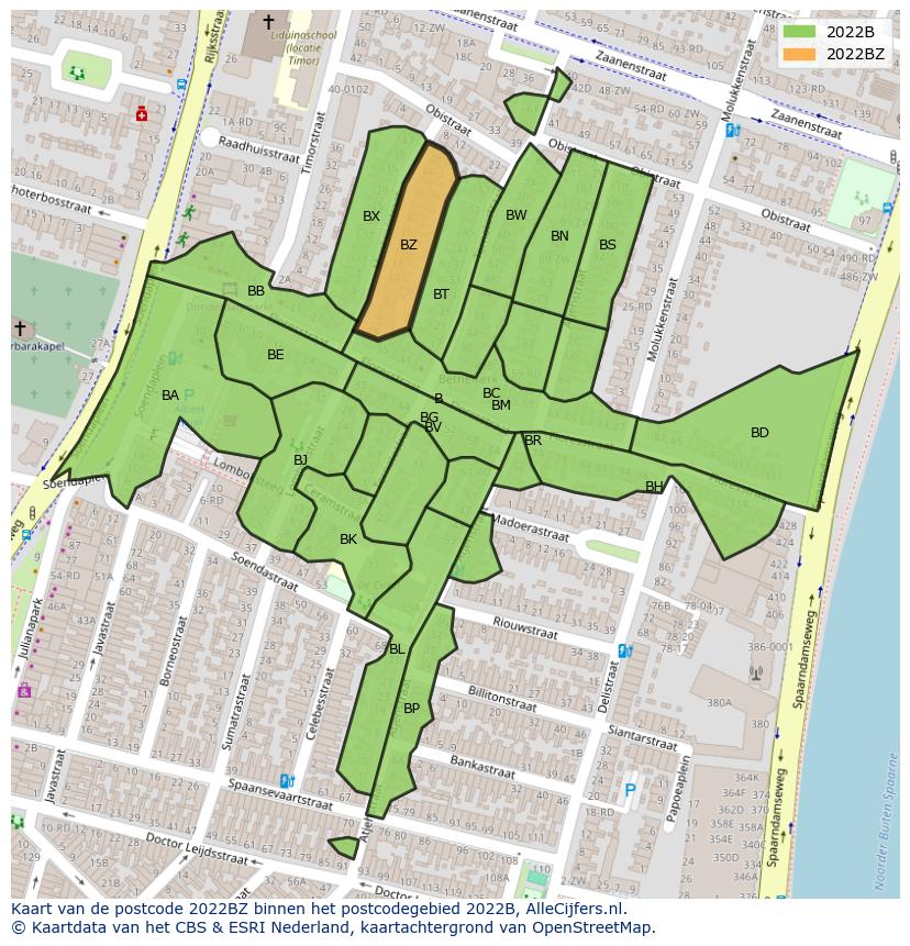 Afbeelding van het postcodegebied 2022 BZ op de kaart.