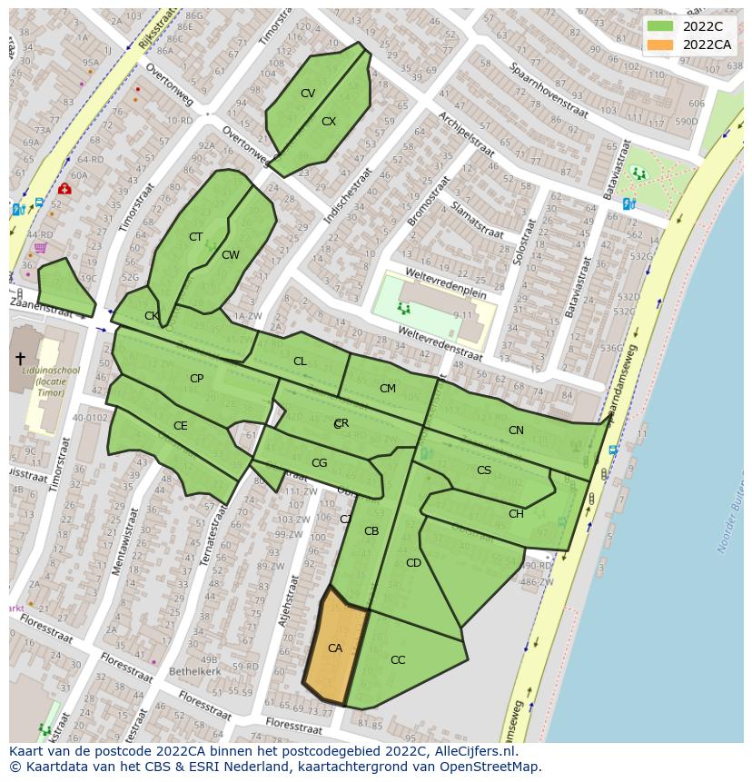 Afbeelding van het postcodegebied 2022 CA op de kaart.