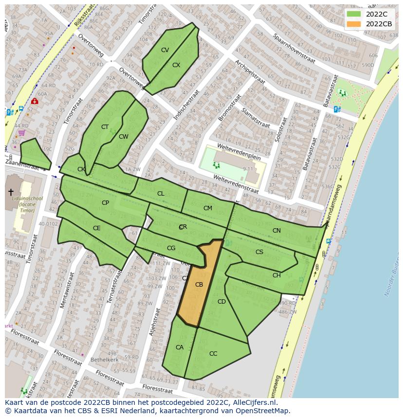 Afbeelding van het postcodegebied 2022 CB op de kaart.
