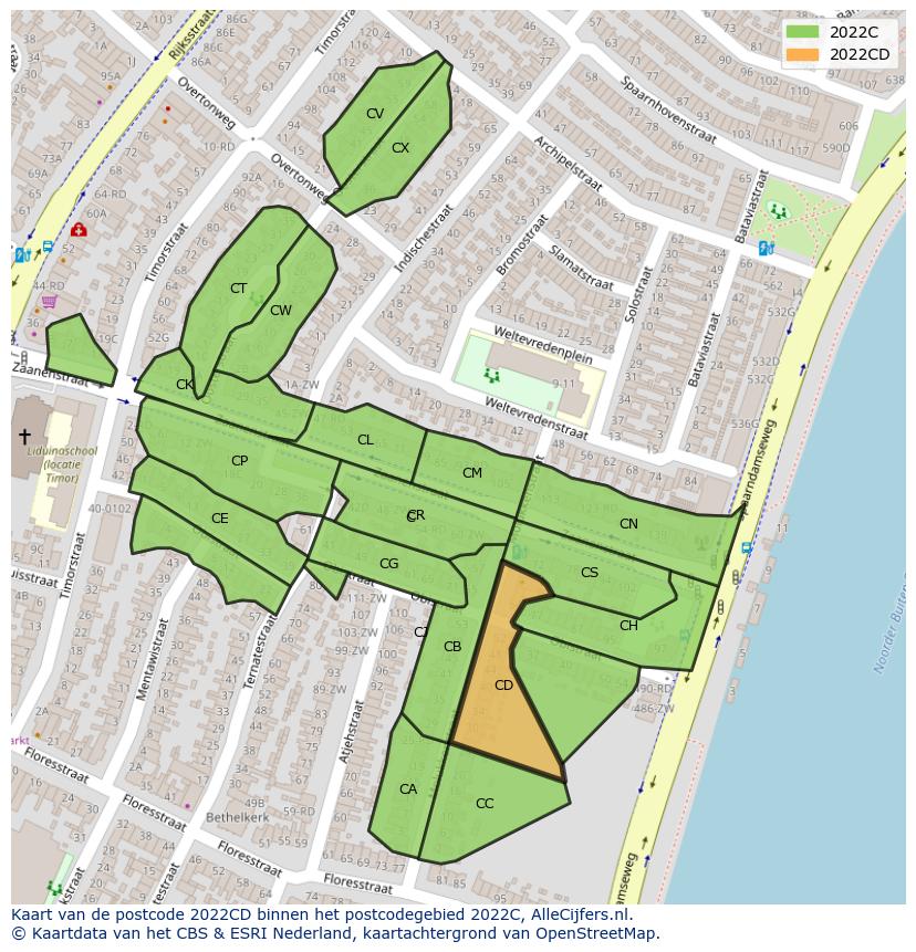 Afbeelding van het postcodegebied 2022 CD op de kaart.
