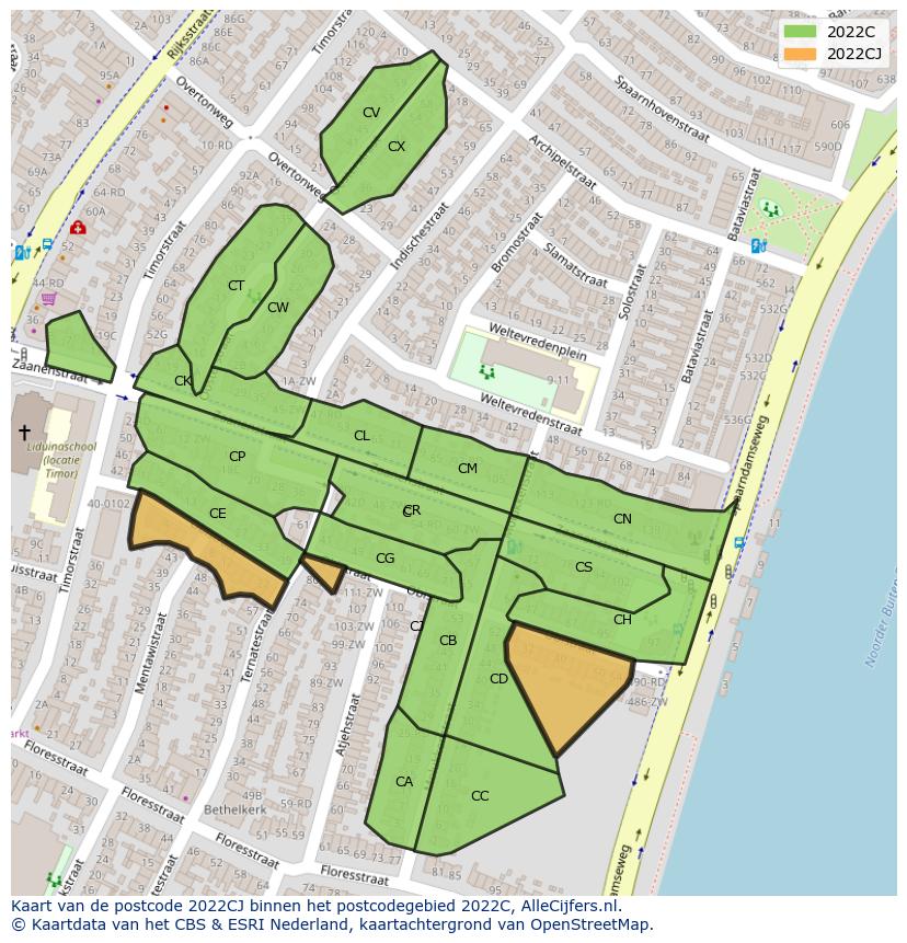 Afbeelding van het postcodegebied 2022 CJ op de kaart.
