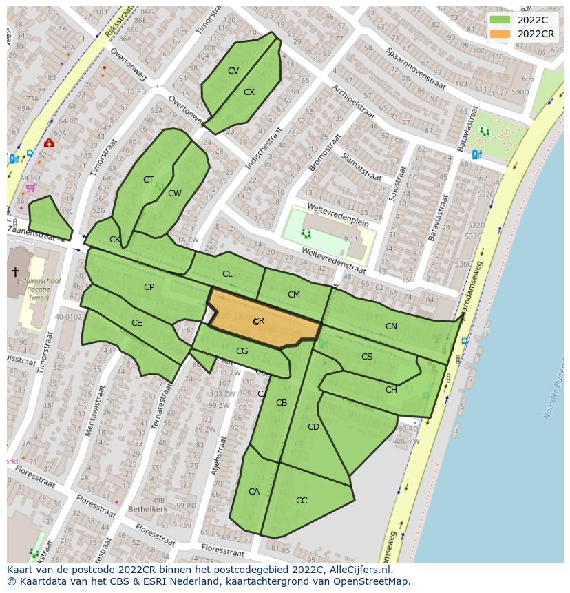 Afbeelding van het postcodegebied 2022 CR op de kaart.