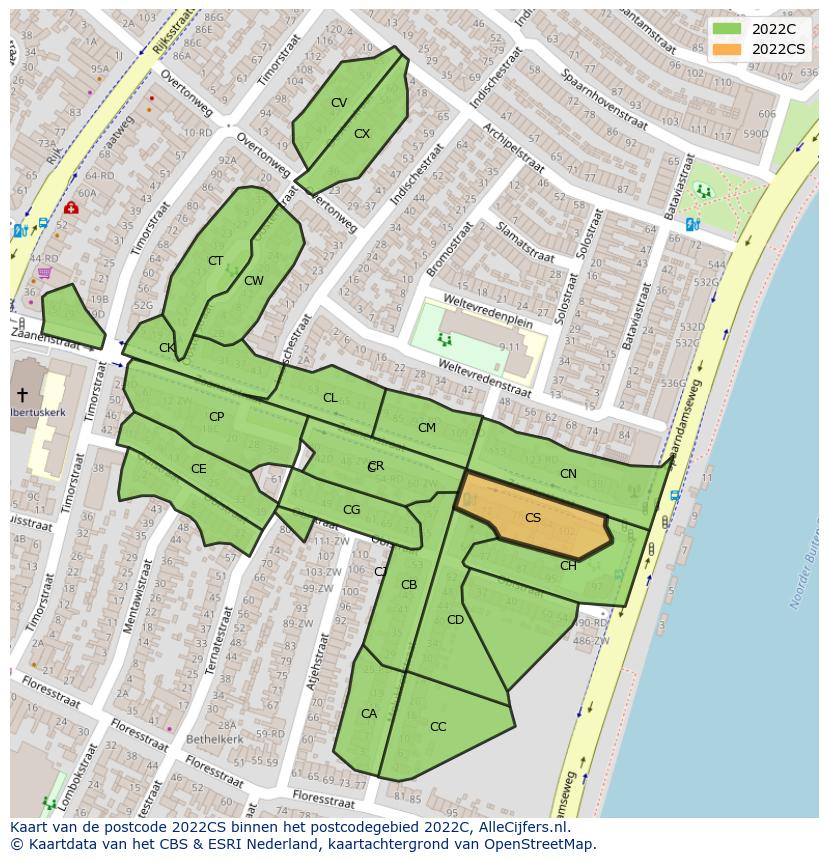 Afbeelding van het postcodegebied 2022 CS op de kaart.