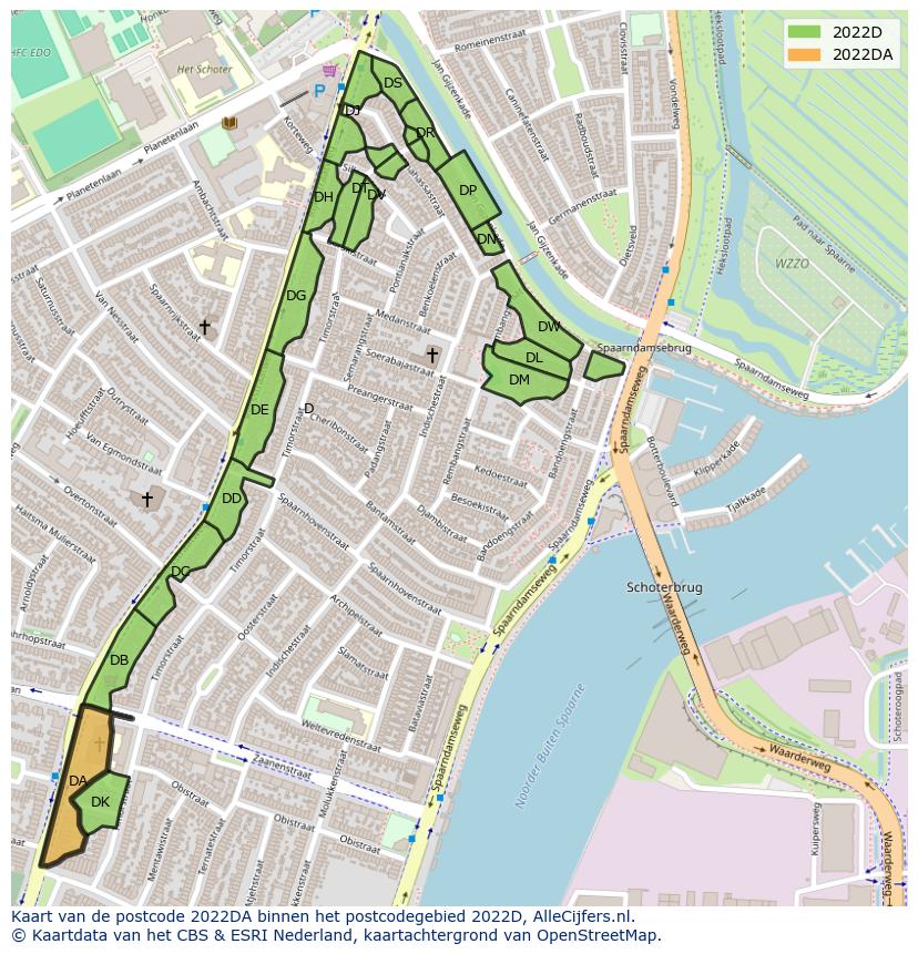 Afbeelding van het postcodegebied 2022 DA op de kaart.