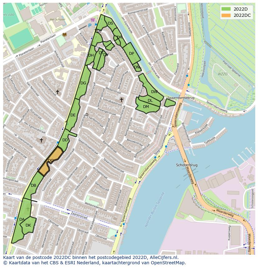 Afbeelding van het postcodegebied 2022 DC op de kaart.