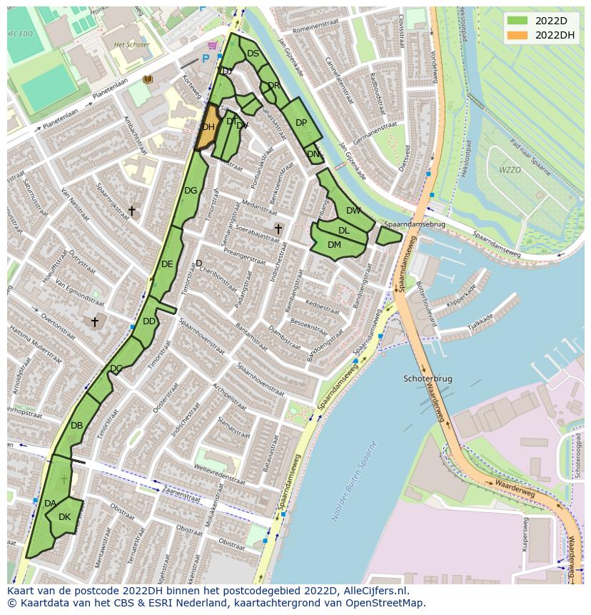 Afbeelding van het postcodegebied 2022 DH op de kaart.
