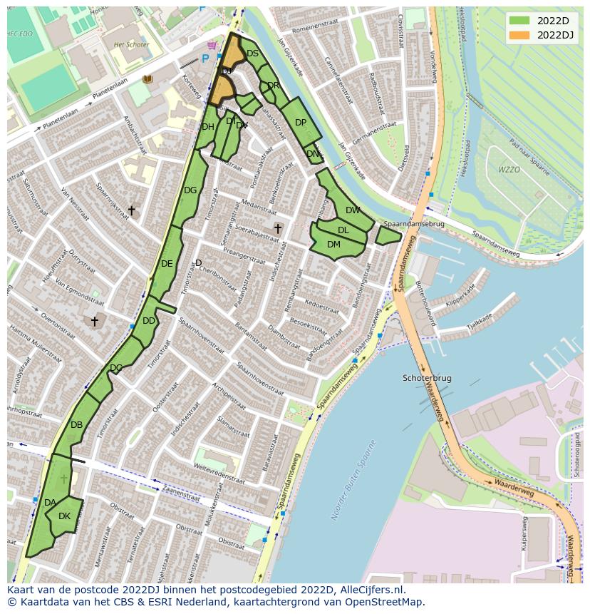Afbeelding van het postcodegebied 2022 DJ op de kaart.