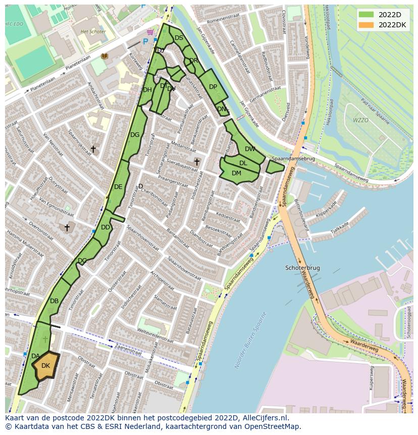 Afbeelding van het postcodegebied 2022 DK op de kaart.