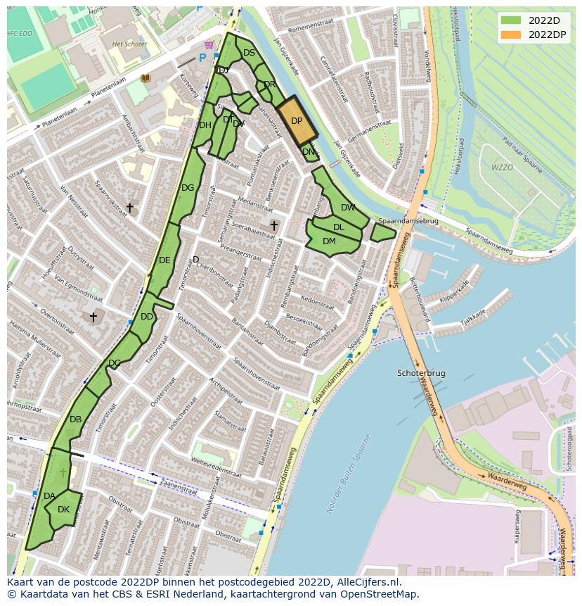 Afbeelding van het postcodegebied 2022 DP op de kaart.