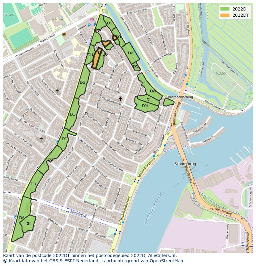 Afbeelding van het postcodegebied 2022 DT op de kaart.