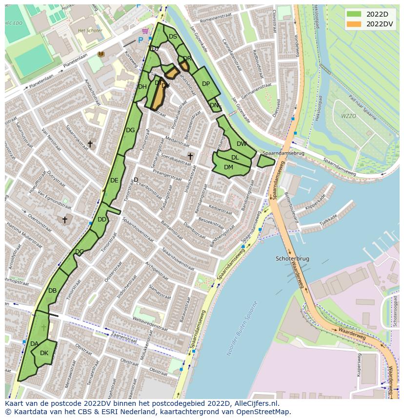Afbeelding van het postcodegebied 2022 DV op de kaart.