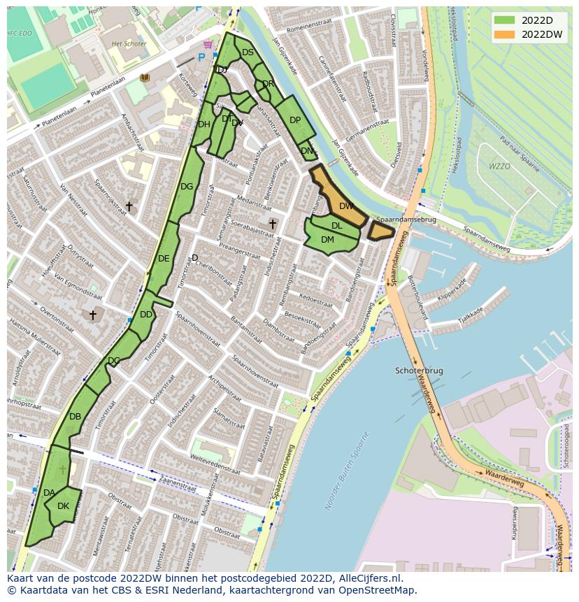 Afbeelding van het postcodegebied 2022 DW op de kaart.