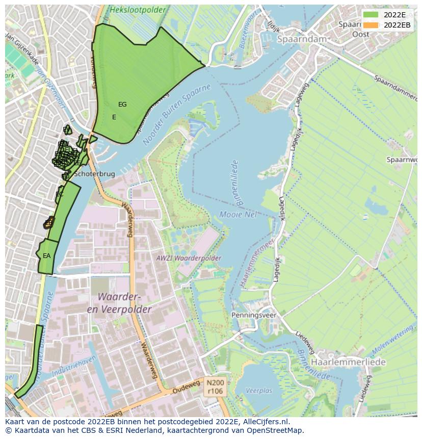 Afbeelding van het postcodegebied 2022 EB op de kaart.