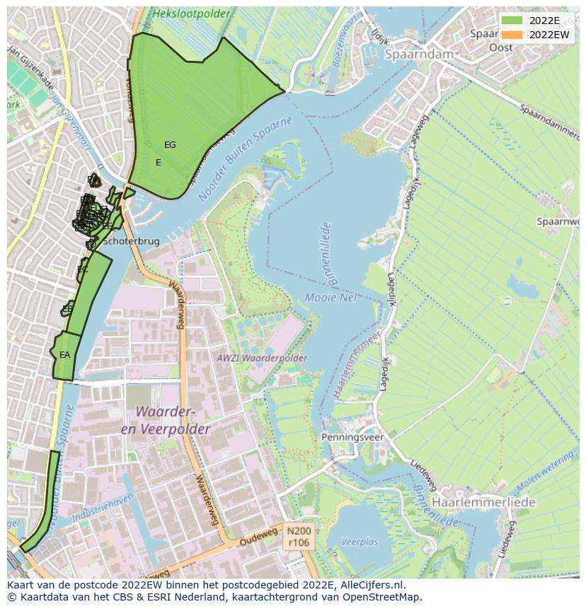 Afbeelding van het postcodegebied 2022 EW op de kaart.