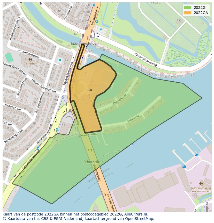 Afbeelding van het postcodegebied 2022 GA op de kaart.