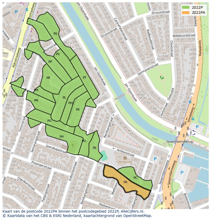 Afbeelding van het postcodegebied 2022 PA op de kaart.