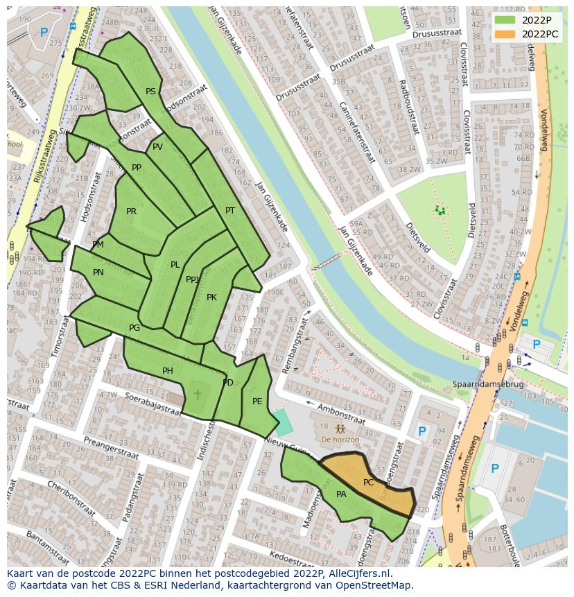 Afbeelding van het postcodegebied 2022 PC op de kaart.