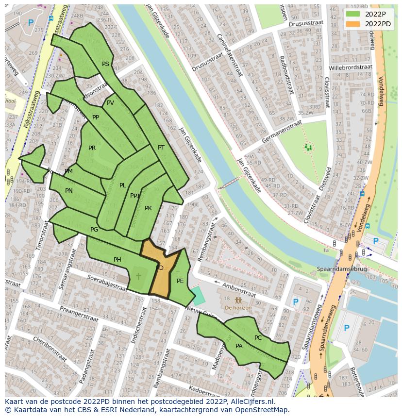 Afbeelding van het postcodegebied 2022 PD op de kaart.