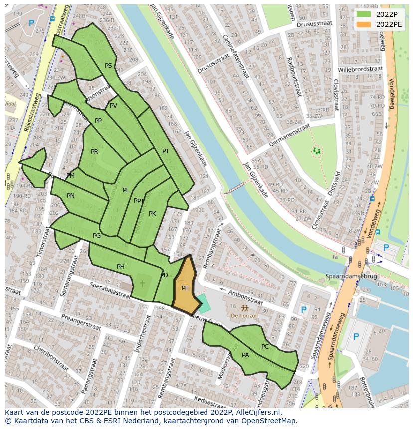 Afbeelding van het postcodegebied 2022 PE op de kaart.